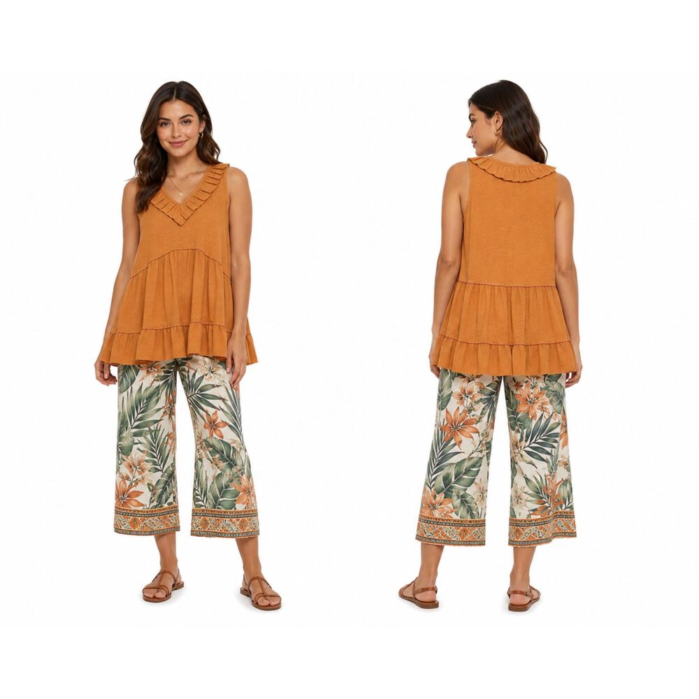New Gigio M 8 10 Apricot Clay Solid & Dot Uragiri Woven Mix V Neck Tunic